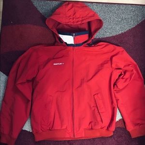 Tommy Hilfiger jacket size small fits like a big medium with a hide away hood.